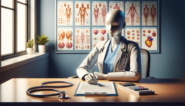 Foto uma cena de consultório médico com um estetoscópio de mesa de médico e gráficos médicos