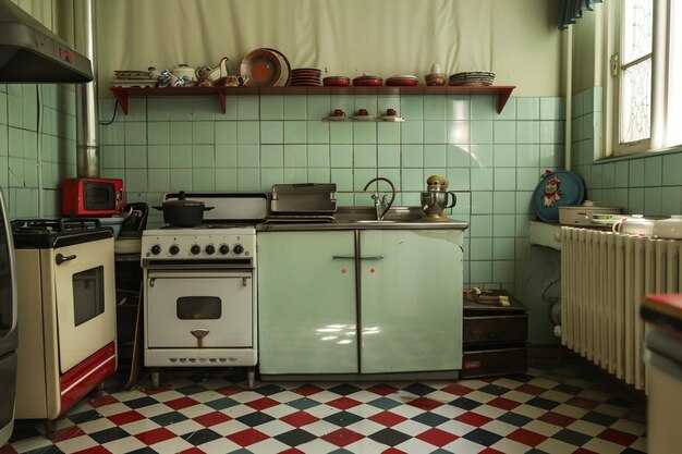 Foto uma cena de cozinha retrô completa com aplicações vintage generativas ai