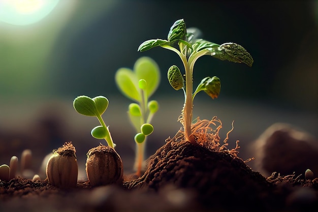 Uma cena de cultivo e crescimento de plantas é definida contra um pano de fundo verde embaçado brotando da semente e se desenvolvendo em uma muda Generative ai