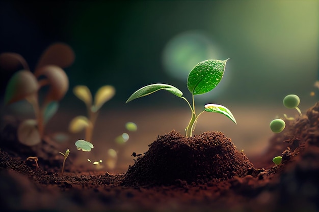 Uma cena de cultivo e crescimento de plantas é definida contra um pano de fundo verde embaçado brotando da semente e se desenvolvendo em uma muda Generative ai
