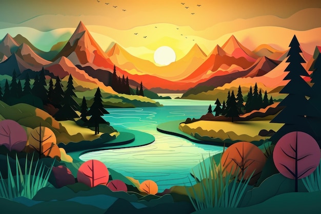 Uma cena de desenho animado com montanhas e um rio com um pôr do sol ao fundo.