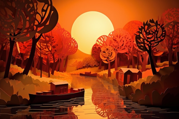 Uma cena de desenho animado com um barco no rio e um pôr do sol.