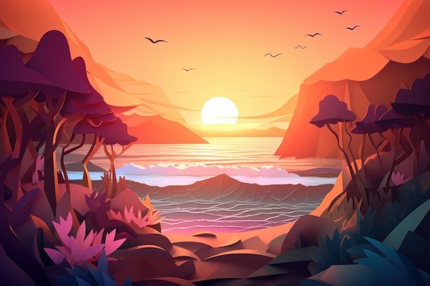 Uma cena de desenho animado com um pôr do sol e montanhas ao fundo.