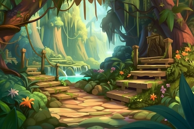 Uma cena de desenho animado com uma cachoeira e escadas na selva.