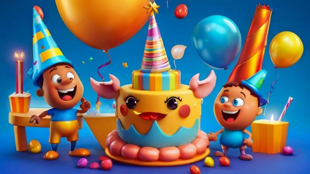 uma cena de desenho animado de um bolo de aniversário com um chapéu de festa nele