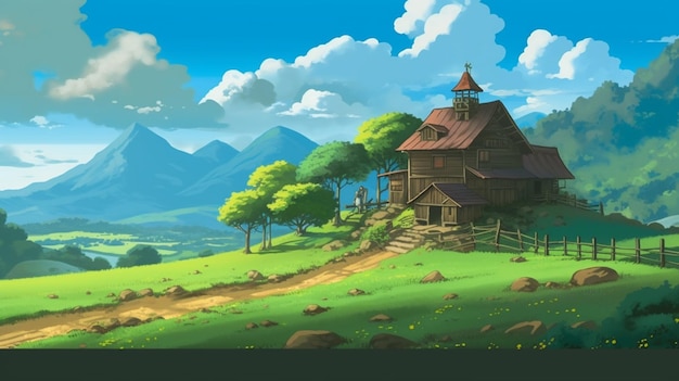 Uma cena de desenho animado de uma casa em um campo com montanhas ao fundo.