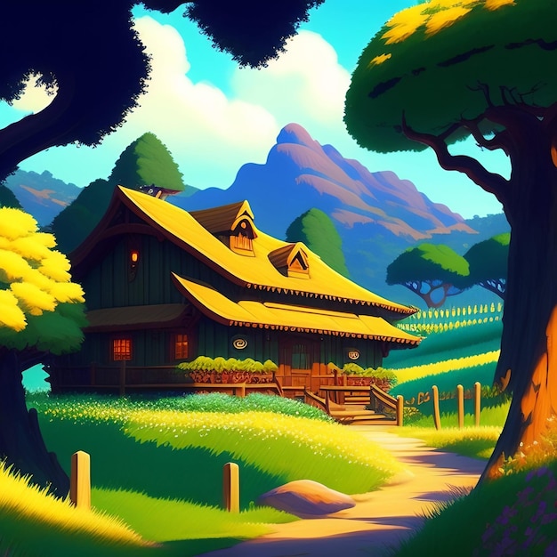 Uma cena de desenho animado de uma casa em uma floresta com montanhas ao fundo.