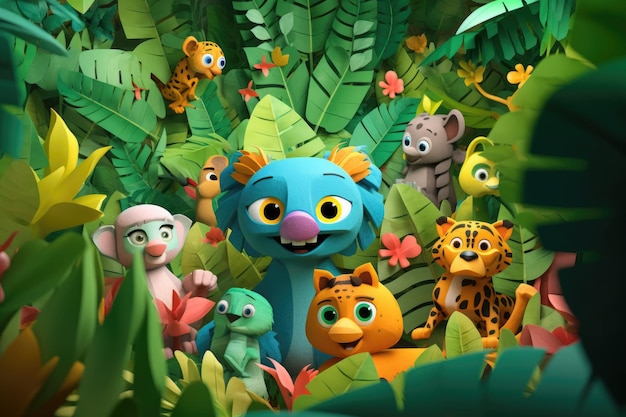 Uma cena de desenho animado de uma cena de selva com um monstro azul e um tigre.