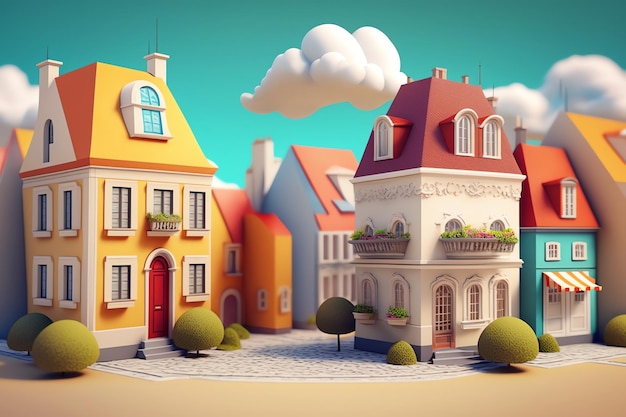 Uma cena de desenho animado de uma cidade com um pequeno prédio e uma pequena casa