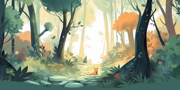Uma cena de desenho animado de uma floresta com um esquilo no chão.