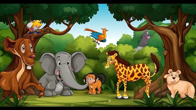 Uma cena de desenho animado de uma selva com animais e girafas.