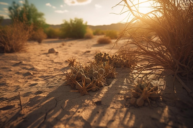 Foto uma cena de deserto com um cacto em primeiro plano e o sol brilhando no chão.