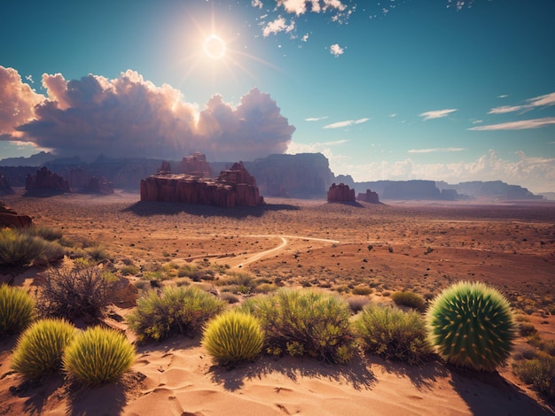 Foto uma cena de deserto com um cacto em primeiro plano e uma paisagem desértica com montanhas