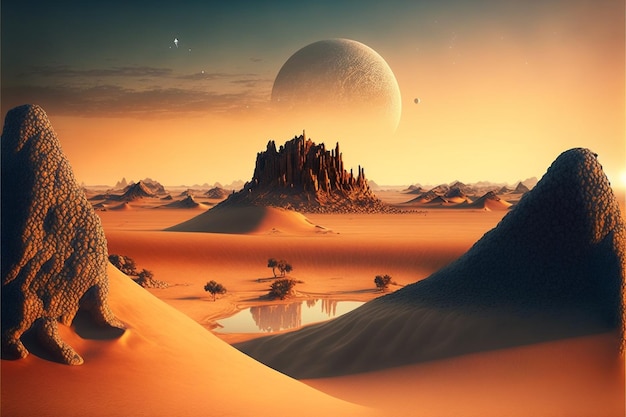 Uma cena de deserto com um planeta e um deserto com um deserto e um planeta.