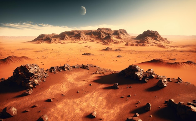 Uma cena de deserto com um planeta vermelho e uma montanha ao fundo gerada por ai