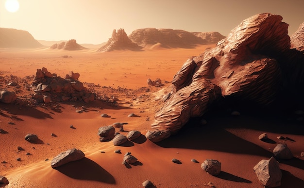 Uma cena de deserto com um planeta vermelho e uma montanha ao fundo gerada por ai