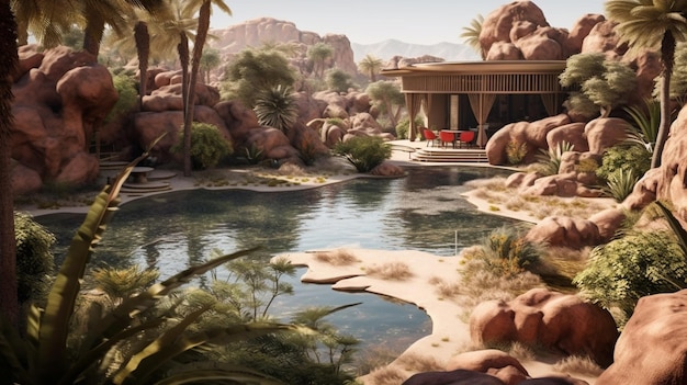 Foto uma cena de deserto com uma casa e um rio em primeiro plano.