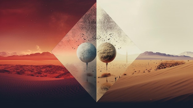 Uma cena de deserto com uma cena de deserto e um planeta à esquerda.