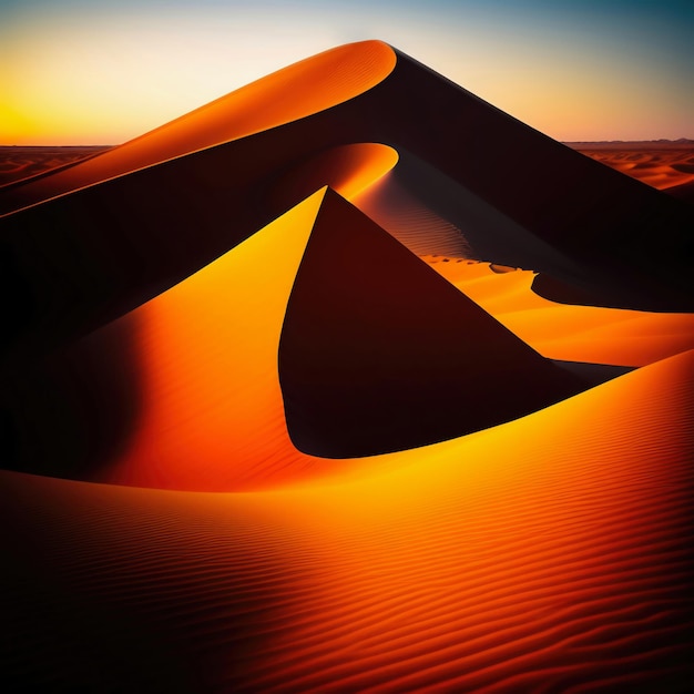 Uma cena de deserto com uma duna de areia em primeiro plano e um pôr do sol ao fundo.