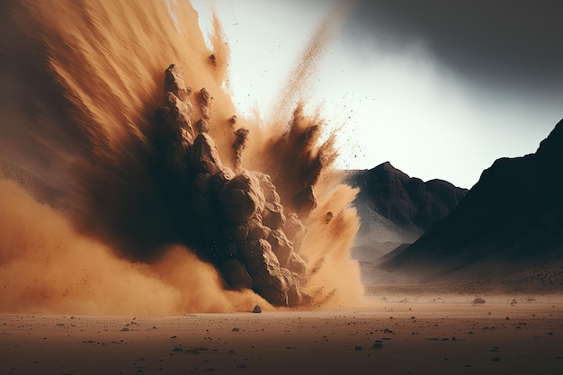 Uma cena de deserto com uma explosão de rocha e uma montanha ao fundo.