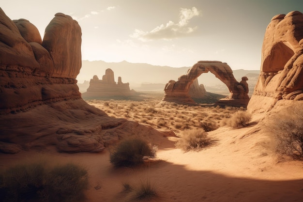 Uma cena de deserto com uma formação rochosa em primeiro plano e uma cena de deserto.