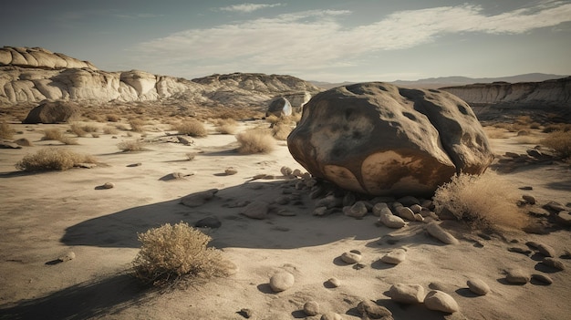 Uma cena de deserto com uma grande rocha em primeiro plano e uma paisagem desértica.