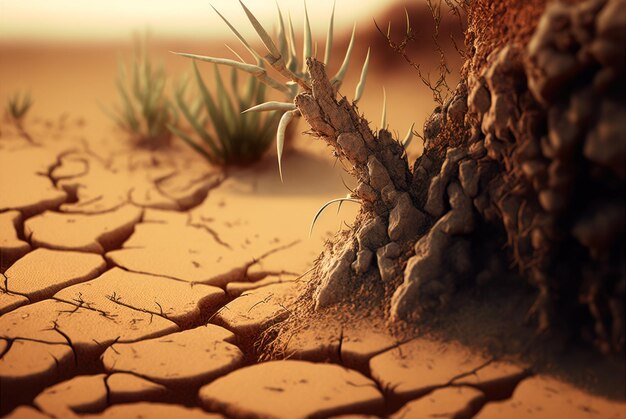 Uma cena de deserto com uma planta crescendo nela.