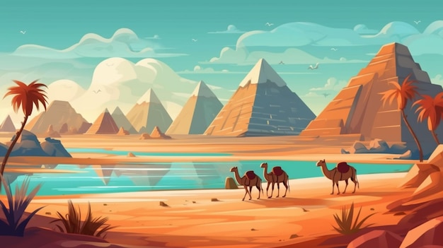 Uma cena de deserto de desenho animado com camelos e pirâmides à distância generativa ai