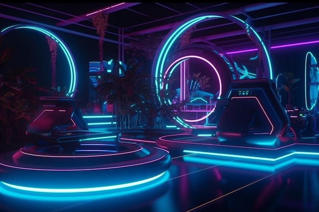 Uma cena de discoteca neon com uma luz neon e uma placa que diz 'discoteca'