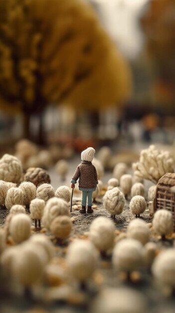 Uma cena de fazenda de ovelhas com um homem andando na frente de um campo de ovelhas.