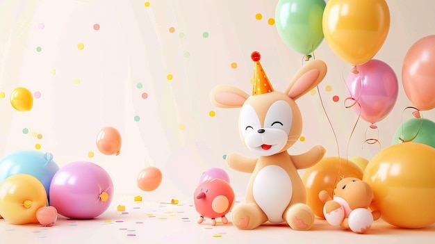 Uma cena de festa de aniversário com balões e animais de pelúcia