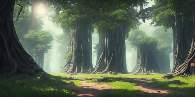 Uma cena de floresta com árvores ao fundo.