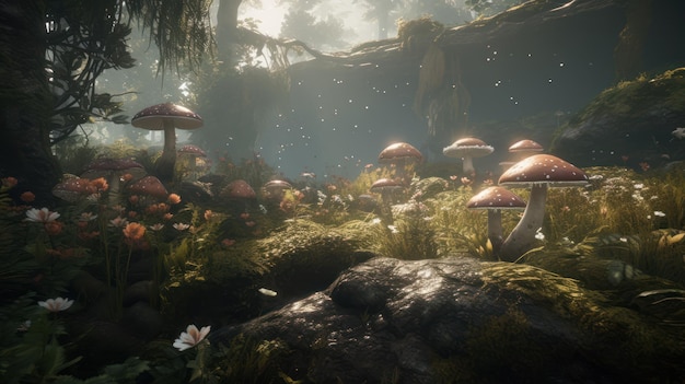 Uma cena de floresta com cogumelos e uma floresta coberta de musgo.