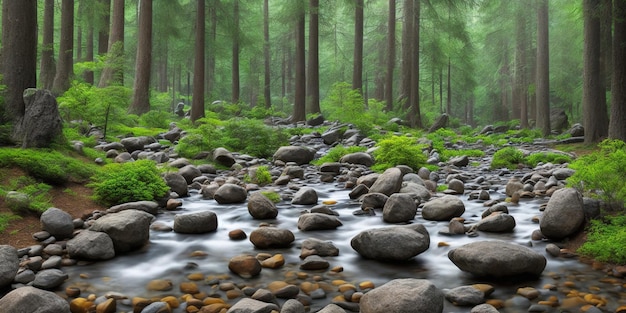 Uma cena de floresta com pedras e árvores em primeiro plano.