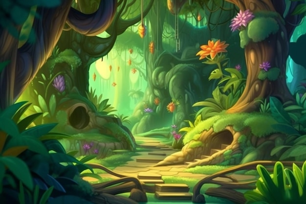 Uma cena de floresta com um caminho com uma flor.