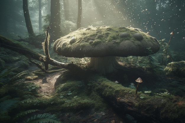 Uma cena de floresta com um cogumelo em primeiro plano e um chão de floresta.