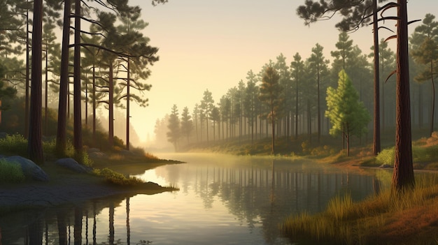 Uma cena de floresta com um lago e árvores em primeiro plano.