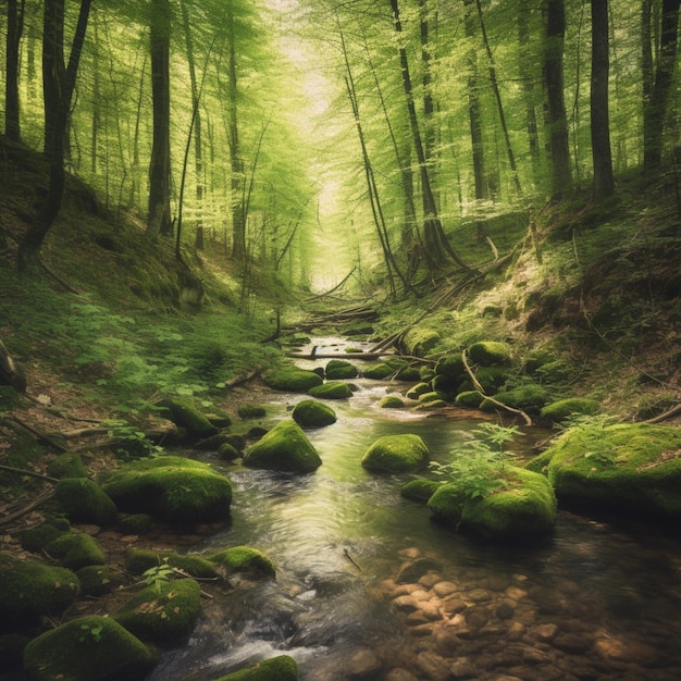 Uma cena de floresta com um riacho e árvores com folhas verdes