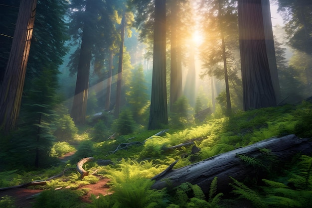 Uma cena de floresta com um sol brilhando por entre as árvores