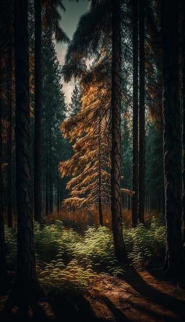 Uma cena de floresta com uma árvore em primeiro plano e uma pessoa andando ao longe.