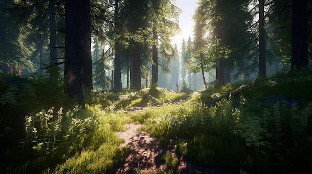 Uma cena de floresta com uma cena de floresta ao fundo.