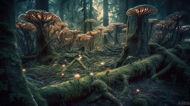 Uma cena de floresta com uma cena de floresta e cogumelos.