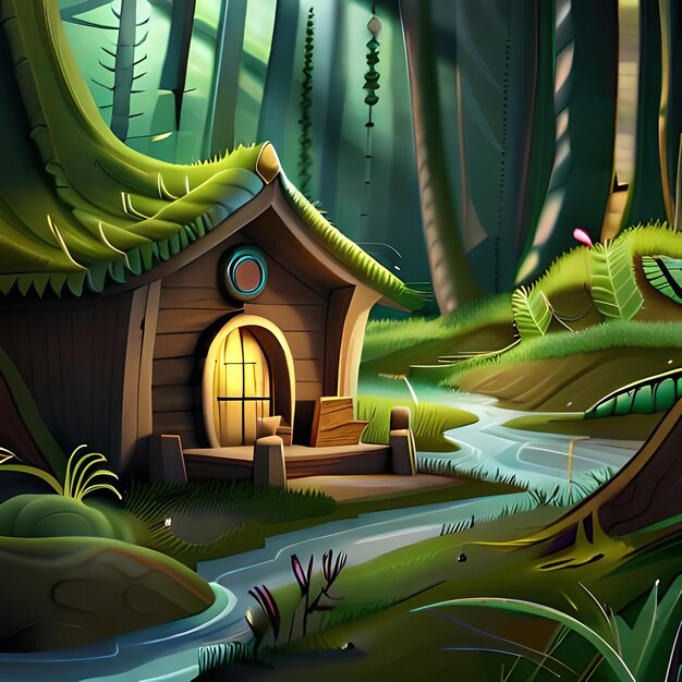 Foto uma cena de floresta com uma pequena casa com um riacho passando por ela.