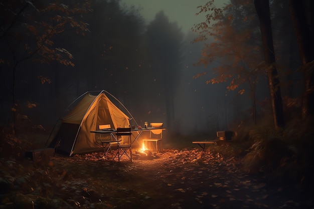 Uma cena de floresta escura com uma tenda e uma lareira.