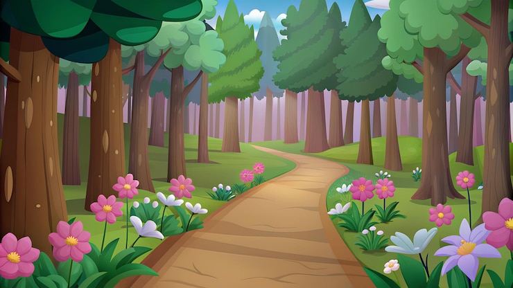 Foto uma cena de floresta pacífica com árvores verdes brilhantes florescendo flores para o fundo de videogames