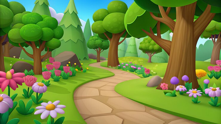 Foto uma cena de floresta pacífica com árvores verdes brilhantes florescendo flores para o fundo de videogames