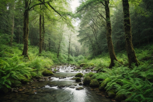 Uma cena de floresta serena e tranquila com árvores altas e um riacho suave fluindo através do exuberante