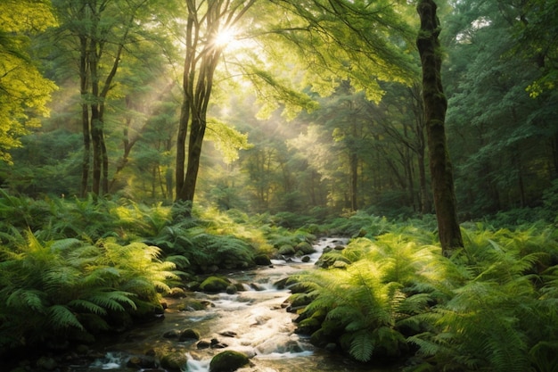 Uma cena de floresta serena e tranquila com árvores altas e um riacho suave fluindo