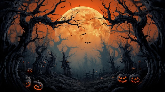 uma cena de Halloween com abóboras e árvores