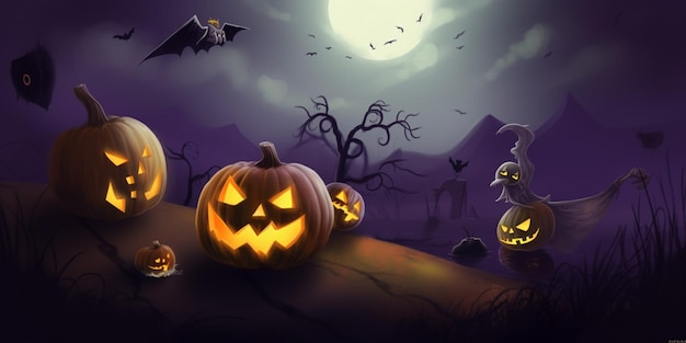 Uma cena de halloween com abóboras e morcegos em uma noite escura.